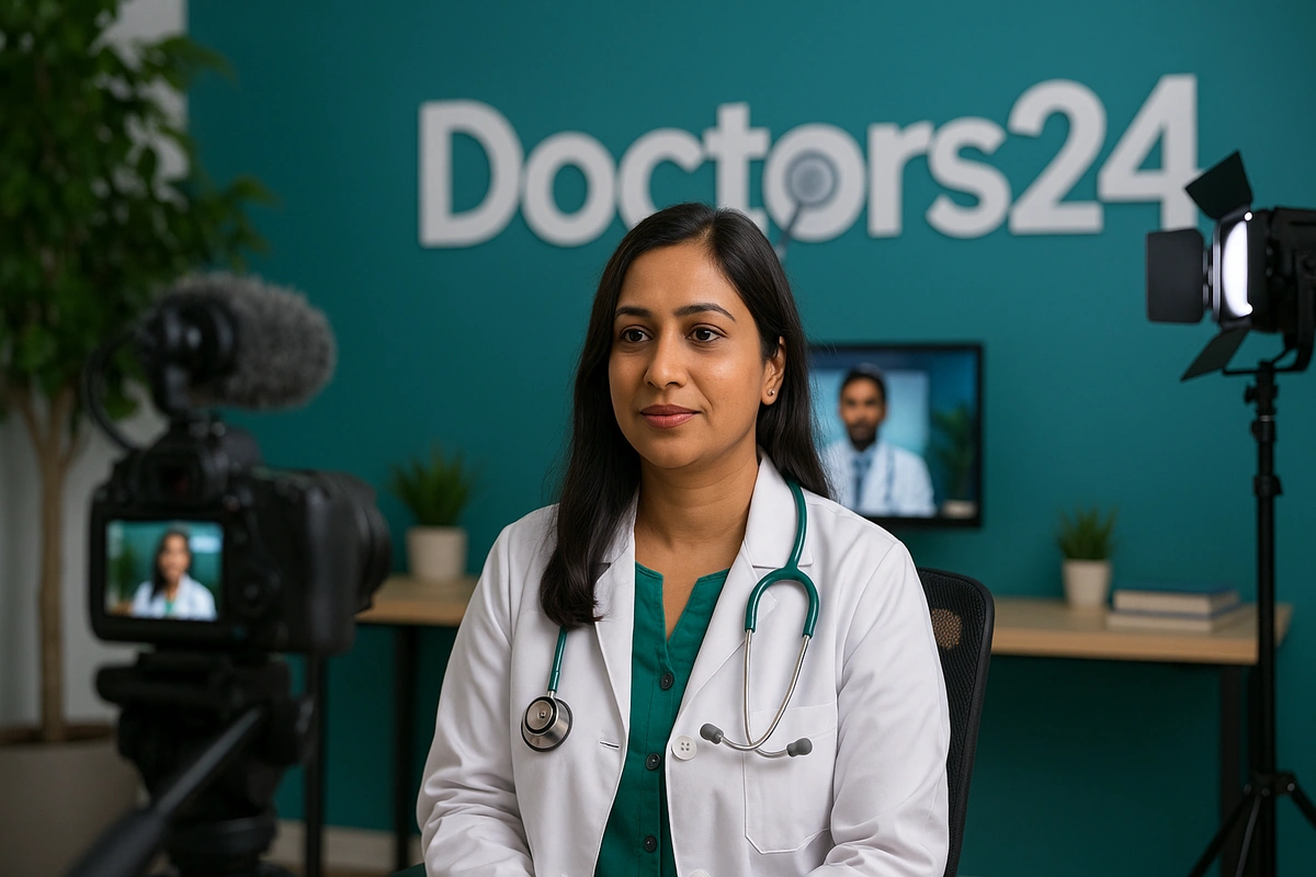 A Bangladeshi female doctor being recorded for an interview at the Doctors24 office with a teal background, camera, and lighting setup representing verified doctors and trusted healthcare in Bangladesh.